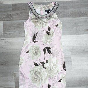 A-line Short Sundress-Large White Roses-Pink Silver Beaded High Halter Neckline